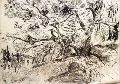 Alisa Nahor (Israeli - German,1915-1987) - עץ זית בנוף, 1973, גרפיט על נייר, 50X70 ס"מ, חתום ומתוארך.