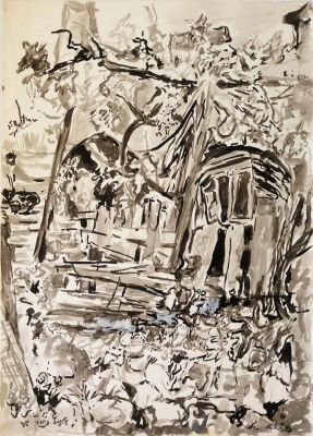 Alisa Nahor (Israeli - German,1915-1987) - A yard in Safed, 1975, Watercolor on paper, 70 x 50 cm 