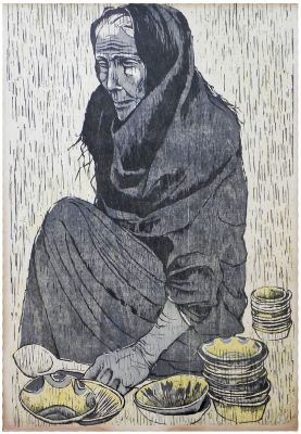 Moshe Gat (Israeli, born 1935) - Woman in a market, Woodcut, 94 x 65 cm, Hand-signed and approved 