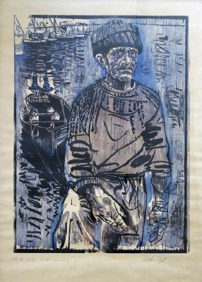Moshe Gat (Israeli, born 1935) - A fisherman in Haifa, 1981, Woodcut, 94 x 66 cm, Signed 