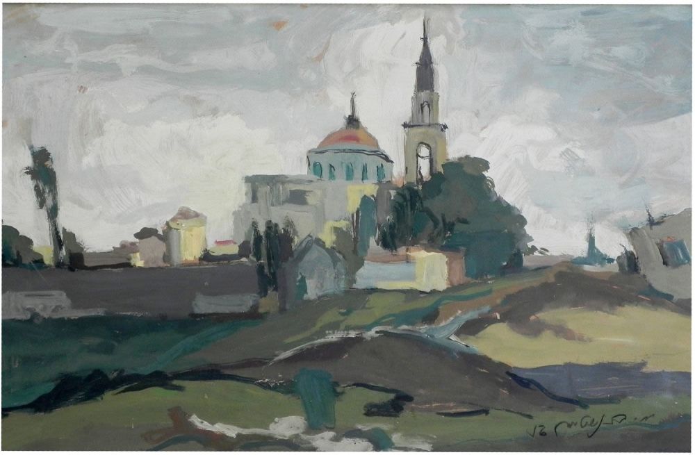 Moshe Bernstein (Israeli - Polish, 1920-2006) - Church in the landscape, France, 1956, Gouache on 