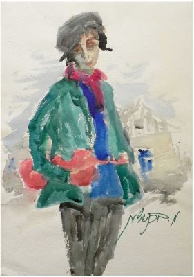 משה ברנשטיין (1920-2006) - נער יהודי, עיפרון וצבע מים על נייר, 73X51 ס"מ, חתום.