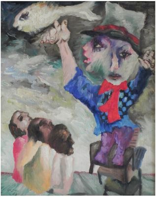 גרשון רנרט (1929-2009) - הקוסם והדג, שמן על בד מוצמד לקרטון, 50X40 ס"מ, חתום.