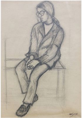 Menachem Mizrahi (Israeli, 1951-2011) - Girl sitting on a table, Graphite on paper, 57 x 39 cm, Signed