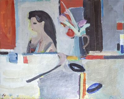 Shmuel Tepler (Israeli - Polish, 1918-1998) - Woman in a room and flower vase, 1972, Oil on canvas 