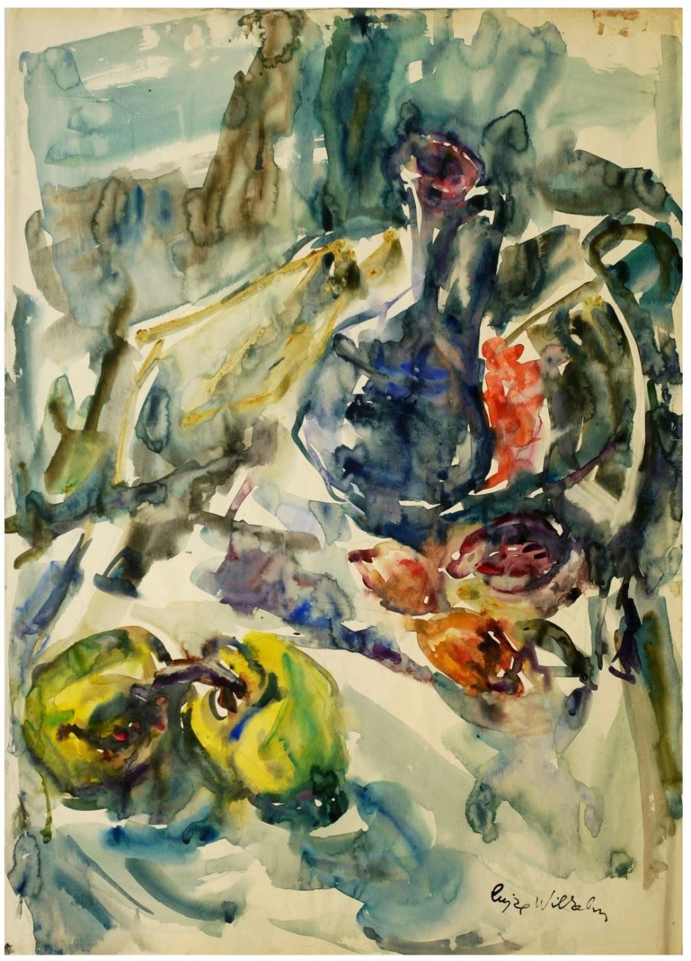 Lujza Wilhelm - Hoffmann (Hungarian - Israeli, 1911-1978) - Still life with a bottle of wine and 