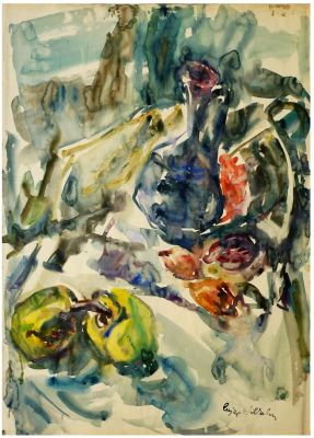 לואיזה וילהלם (הונגריה - ישראל, 1911-1978) - טבע דומם עם בקבוק יין ופירות על שולחן, צבע מים על 