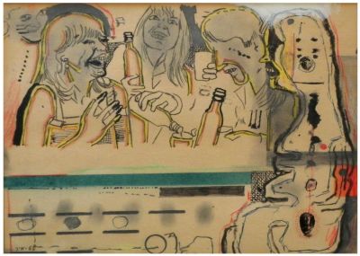 Yair Garbuz (Israeli, b. 1945) - Drinking celebration, 1968, Mixed media on paper, 21 x 27 cm 