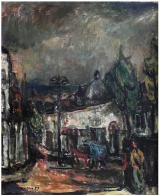 Miron Sima (Israeli - German, 1902-1999) - Figure in urban landscape, 1957, Oil on canvas, 65 x 54 