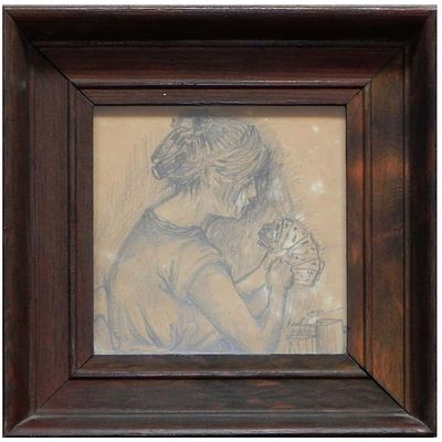 Unidentified European artist - Woman playing cards, 1980, Pencil on paper, 14 x 14 cm, Signed and dated
