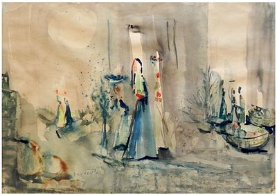 Yosef Kossonogi (Hungarian - Israeli, 1908-1981) - Women in the village, Watercolor on paper, 35 x 