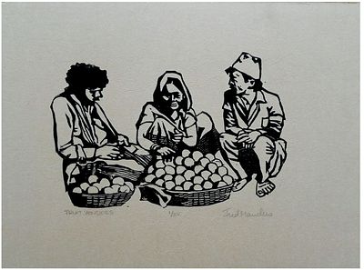 Fred Manders (American, 1921-2013) - Fruit Vendors, Woodcut, 31 x 42 cm, Hand-signed, titled and 