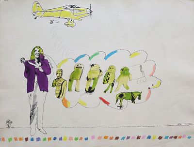 Oded Feingersh (Israeli, born 1938) - "Country music player", 1970, Mixed-media on paper, 49 x 64 