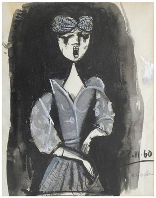 מנחם גפן (ישראל - צרפת, 1930-2016) - זמרת אופרה, 1966, דיו וצבע מים על נייר, 25X20 ס"מ, חתום ומתוארך.