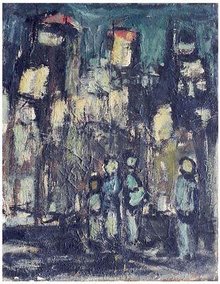 Itamar Siani (Israeli, b. Yemen 1941) - Figures in urban landscape, 1963, Oil on canvas	, 51 x 40 