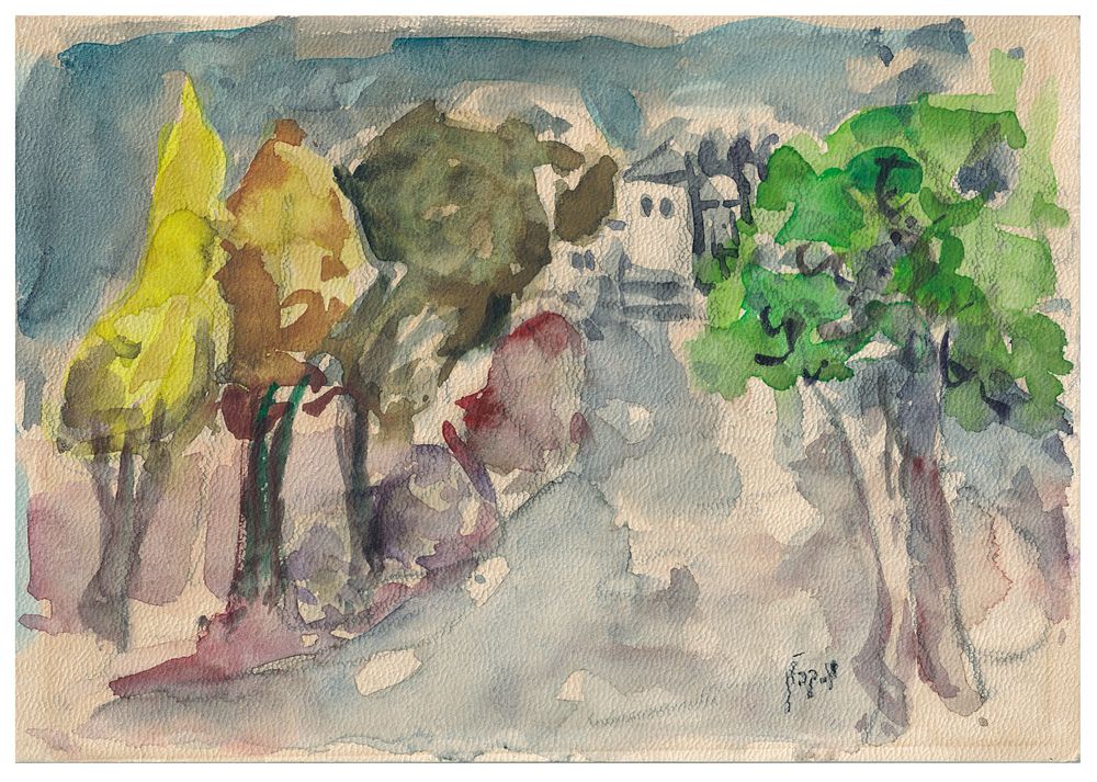 Malvina Kaplan (Israeli - Polish, 1913-1987) - Village landscape, Watercolor on paper, 17 x 25 cm 