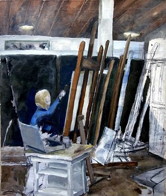 Contemporary artist (XX) - A painter in his studio, Oil on canvas, 76 x 64 cm, Signed "Pamela 