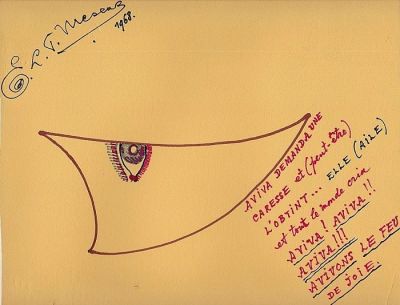 EDOUARD MESENS (1903-1971) "אביבה השמחה הקטנה" 1968, דיו על נייר מוצמד לקרטון, 22X28 ס"מ, חתום. 