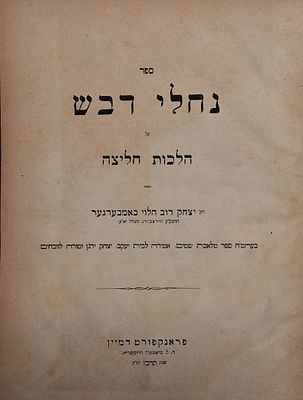 מהדו"ר, נחלי דבש, מאת המהרי"ד במברגר אב"ד ווירצבורג, פרנקפורט תרכ"ז. 
מהדורה ראשונה. נחלי 