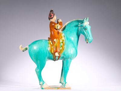 TANG TRI-COLOR GLAZED FEMALE FIGURE ON HORSEBACK. Name TANG TRI-COLOR GLAZED FEMALE FIGURE ON 