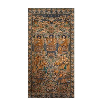 QING DYNASTY KESI TAPESTRIES/WALL HANGINGS FEATURING THE THREE BUDDHAS AND ARHATS. Name QING 
