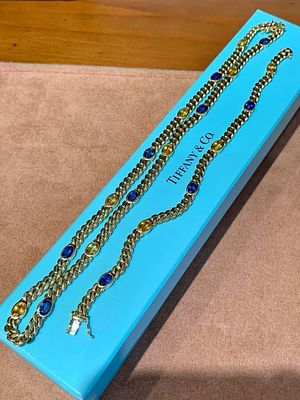 18K GOLD TIFFANY & CO COLORED GEMSTONE BRACELET NECKLACE SET. The necklace weighs 36.9g, the 