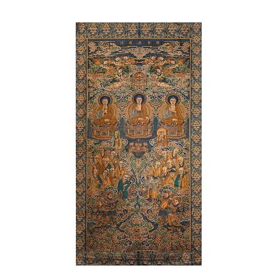 QING DYNASTY KESI TAPESTRIES/WALL HANGINGS FEATURING THE THREE BUDDHAS AND ARHATS. H:121cm(47.64i 