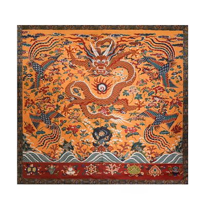 QING DYNASTY ORANGE GROUND KESI TAPESTRY WITH AUSPICIOUS PATTERNS OF DRAGONS AND PHOENIXES (SITTING