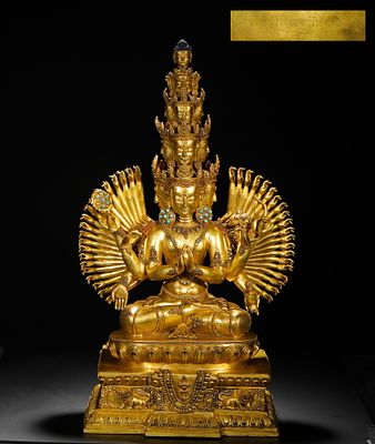 A GILDED BRONZE STATUE OF GUANYIN BODHISATTVA INLAID WITH TURQUOISE FROM THE QING DYNASTY. H:60cm 