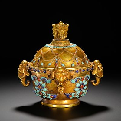 BRONZE GILDED ENAMEL INLAID THREE ELEPHANT EAR LID BOX. HEIGHT:15CM (5.91IN) WIDTH:16.5CM 