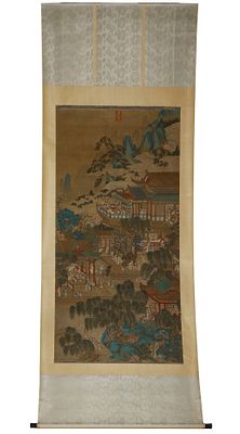 A VERTICAL SCROLL ON SILK BY QIU YING (C. 1498-1552) OF THE MING DYNASTY DEPICTING PAVILIONS AND. 