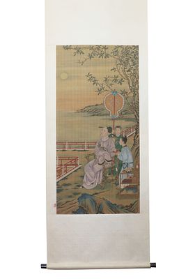 A VERTICAL SCROLL OF FIGURES AND LANDSCAPES ON SILK BY LANG SHINING (1688-1766) OF THE QING DYNASTY