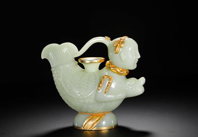 QING DYNASTY HETIAN GREEN AND WHITE JADE WRAPPED WITH GOLD MERMAID TRANSFORMED INTO DRAGON SHAPE. 