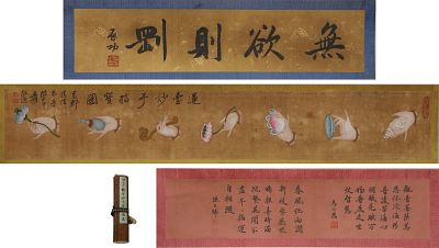 ZHANG DAQIAN (1899-1983) SILK SCROLL OF GUANYIN RITUAL IMPLEMENTS. L:260CM (102.36IN) W:20CM 