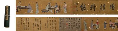 A LONG SCROLL ON SILK BY WANG ZHENPENG OF THE YUAN DYNASTY. L:350CM (137.80IN) W:27CM (10.63IN) 