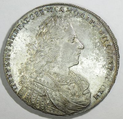 Рубль 1728 года. Образца 1728-1729 гг. Московский тип со звездой на груди. . Серебро. 