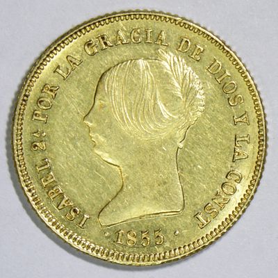 100 рейсов 1855 года. Королевство Испания. Изабелла II. . Золото. Сохранность полированная 