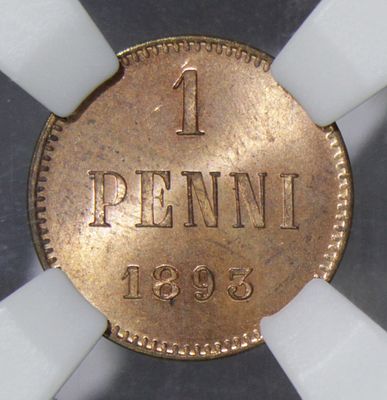 ТОП ГРЕЙД. 1 PENNI 1893 года. . Медь. В слабе ННР MS66RD.