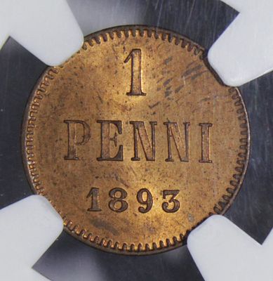 1 пени 1893 года. . Медь. В слабе NGC MS 64 RB.