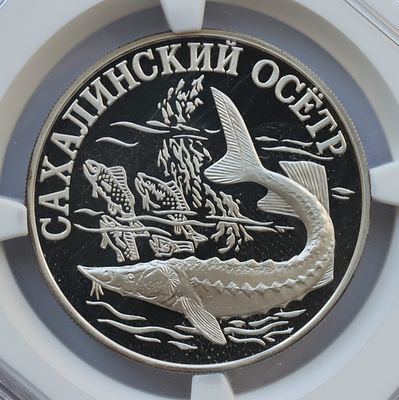 1 рубль 18 октября 2001 года, СПМД, "красная книга - Сахалинский осётр", гурт рубчатый. Предмет 