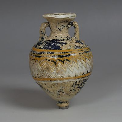 Greek amphoriskos. ITEM: Amphoriskos MATERIAL: Core-formed glass CULTURE: Greek PERIOD: 