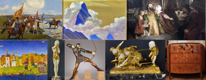 Ваш Антиквар | Аукцион 24 | Предпраздничные торги. Шедевры Русского искусства : Рерих, Рубо, Лебедев, Клевер, Серебрякова, Дейнека, Юкин, Кокурин, Бритов и др., Уникальная скульптура Ар-деко.