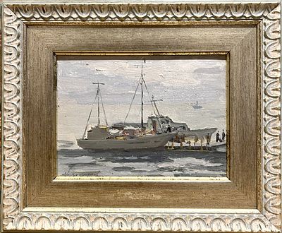 Куприянов Михаил Васильевич (1903 – 1991) 
"Бердянск. У причала" 1953 г. 
Картон, масло, 14 х 