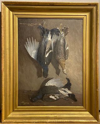 Большой красивый охотничий "Натюрморт с глухарями" . 
Л. Тимофеев. Дарственная надпись в верх. 