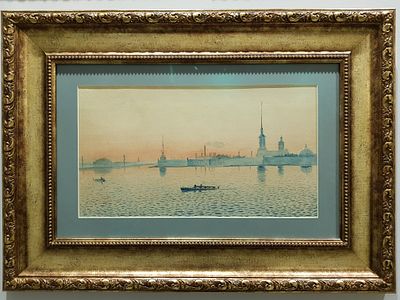 Восхитительная картина "Вид Санкт- Петербурга", к.19-нач.20 вв, бумага, акварель, 21,6х38,5 см 