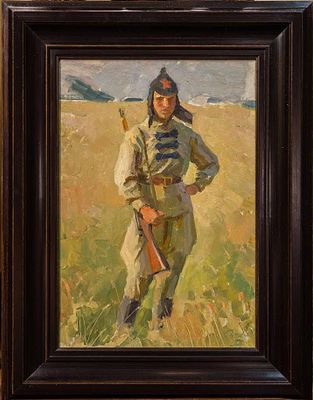 Известный советский живописец Сизов П.В. (1871-?) "Боец красной армии" 1934 г. масло 46х32 см