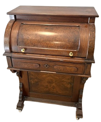 Victorian burl walnut roll top cylinder Davenport desk, in two pcs, LSF, side, door concealing 