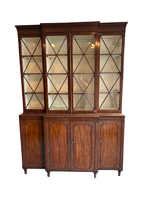 English style mahogany china cabinet, 4 glass doors with upholstered back and shelves, one door 