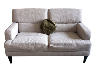 Modern Design upholstered sofa, grey upholstery on ebonized tapered feet, 32"h x 57"w x 32"d