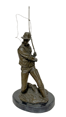 Statue of a Fisherman, bronze figure of a fisherman wearing a hat and vest while holding a 